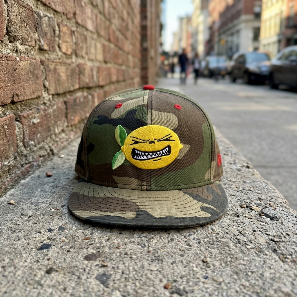 New Era 59Fifty Sz 8 Camo Hat Sour Lemon Embroidered Size XL Fitted 63.5cm