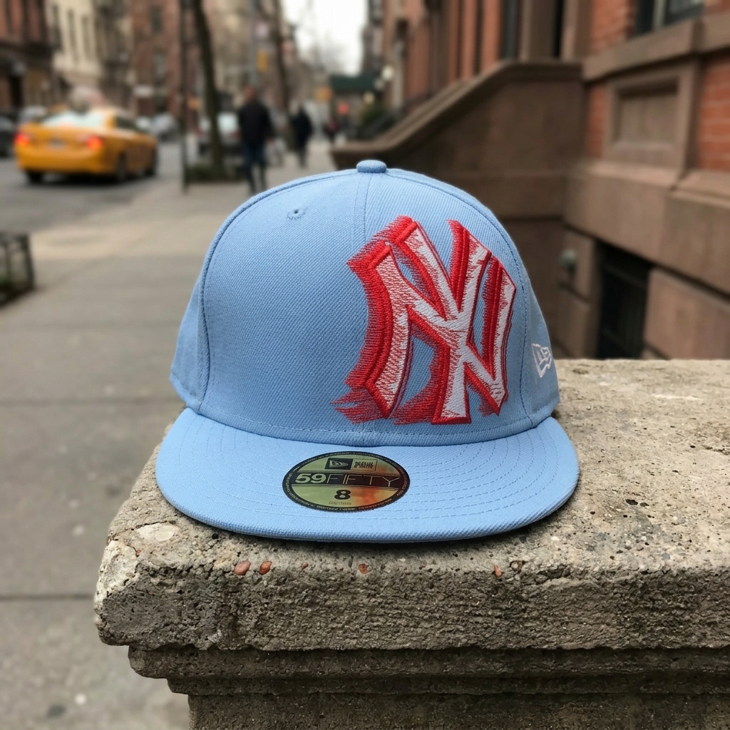 New Era 59Fifty New York Yankees Fitted Hat Lt Blue, Red White Logo Size 8 NWT