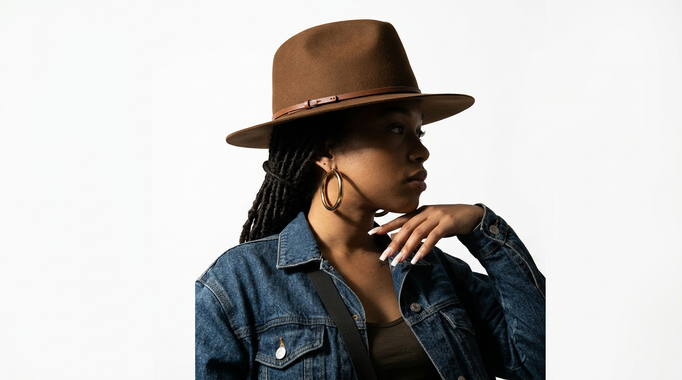 Model with dreadlocks wearing a fedora